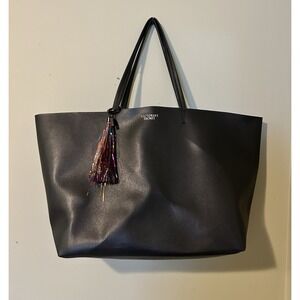 Victoria's Secret Black Pebbled Faux Leather Large‎ Tote Bag with Tinsel Tassel